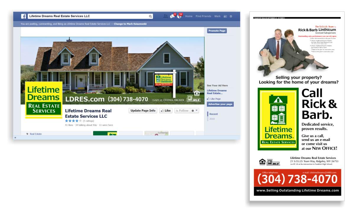 Screen shot of Facebook page and layout for newspaper ad for Lifetime Dreams Real Estate Services by Centre Street Creative